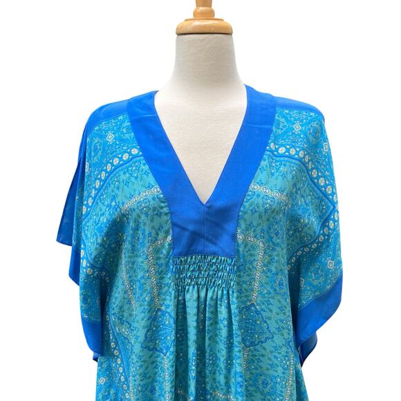 Coldwater Creek Silk Caftan Top Sz S/M Blue Floral Boho Colorblock Resortwear - Picture 2 of 12